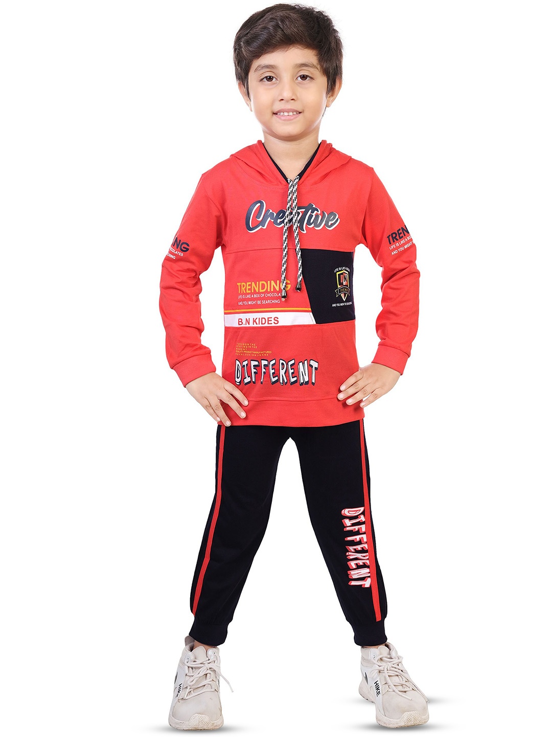 

BAESD Boys Printed Hooded Pure Cotton T-shirt With Joggers, Red