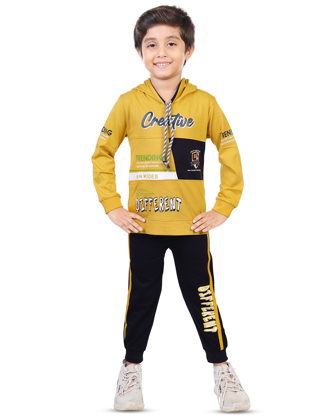 

BAESD Boys Printed Hooded Pure Cotton T-shirt With Joggers, Yellow