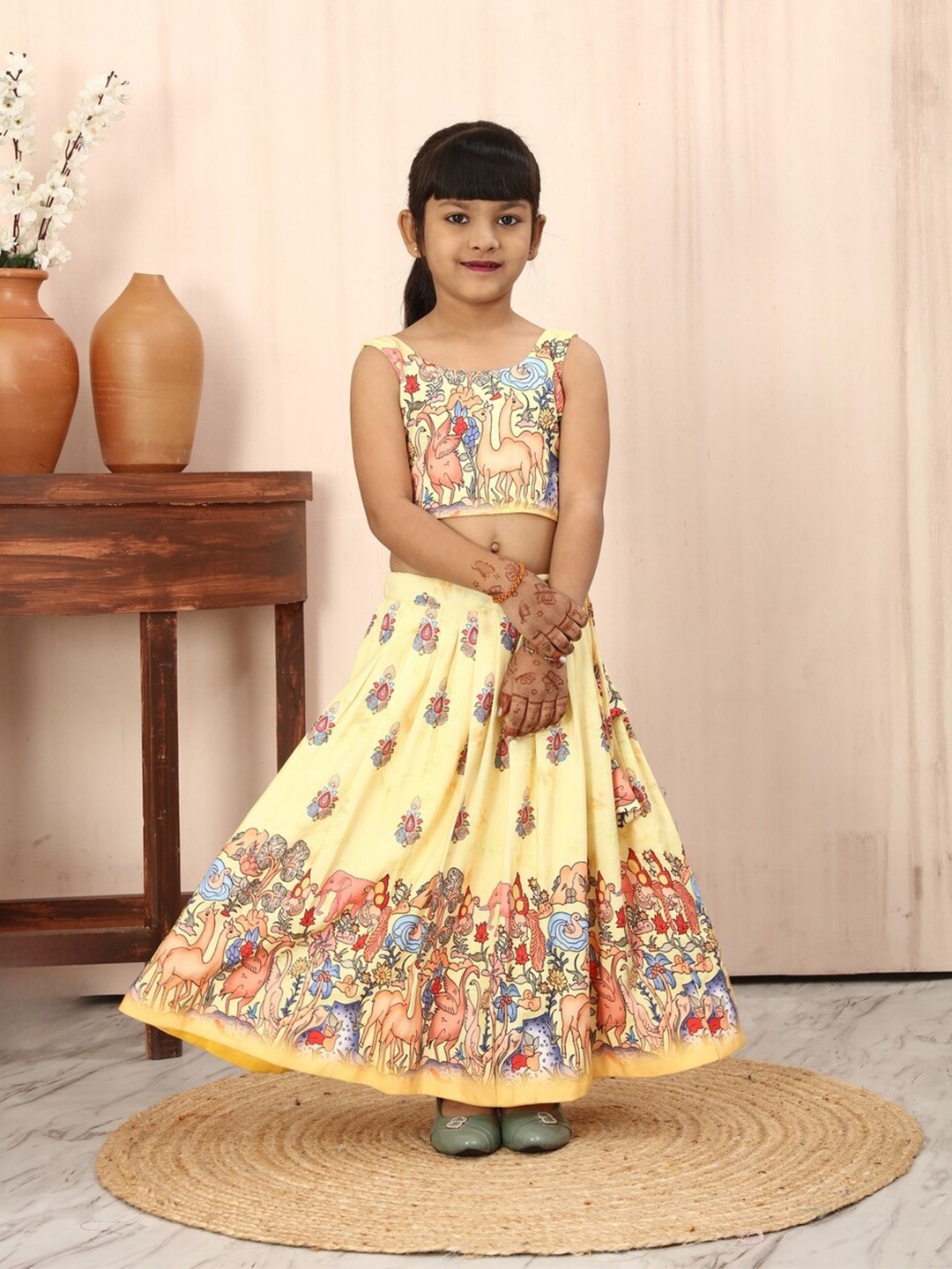 

BAESD Girls Printed Sleeveless Ready to Wear Lehenga & Blouse, Yellow