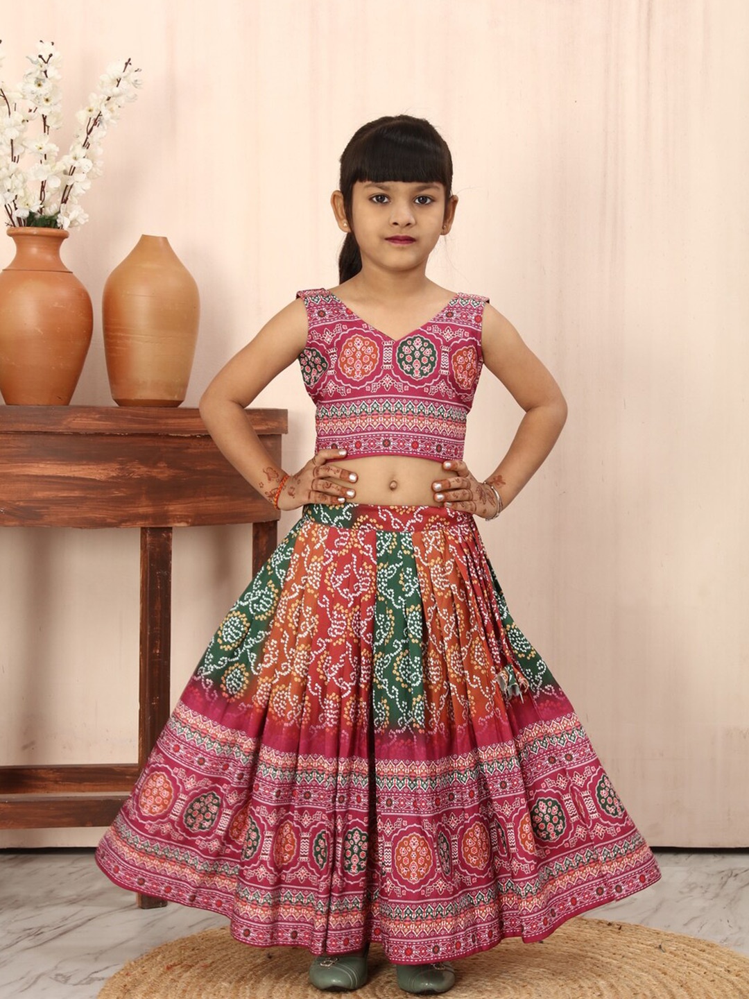 

BAESD Girls Printed Ready to Wear Lehenga With Choli, Pink