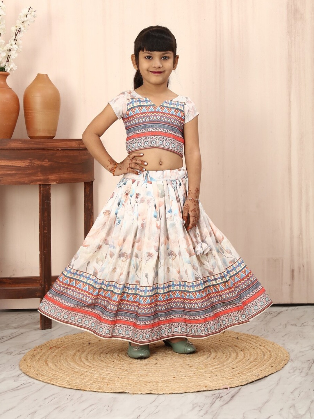 

BAESD Girls Printed Short Sleeves Ready to Wear Lehenga & Blouse, White