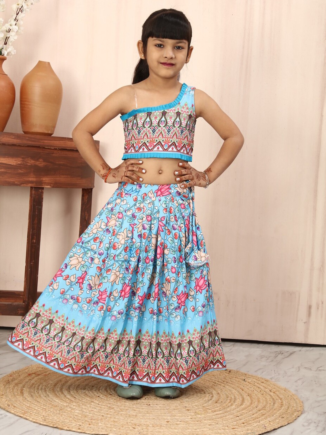 

BAESD Girls Printed One Shoulder Ready to Wear Lehenga & Blouse, Blue