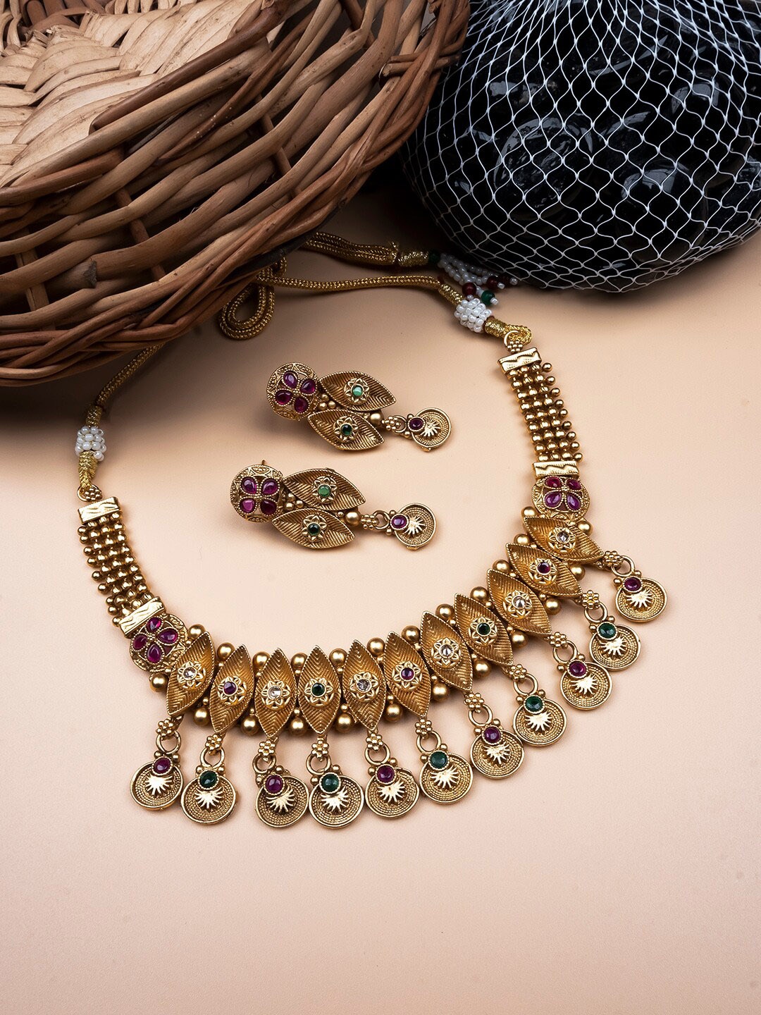 

StileAdda Gold-Plated Stone-Studded Kempu Jewellery Set