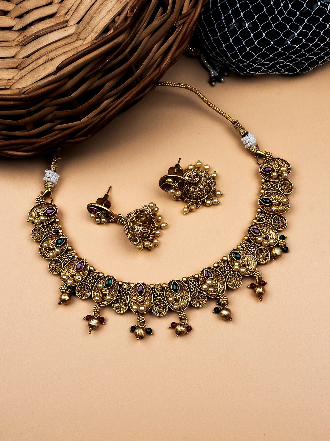 

StileAdda Gold-Plated Stone Studded Beaded Kempu Jewellery Set