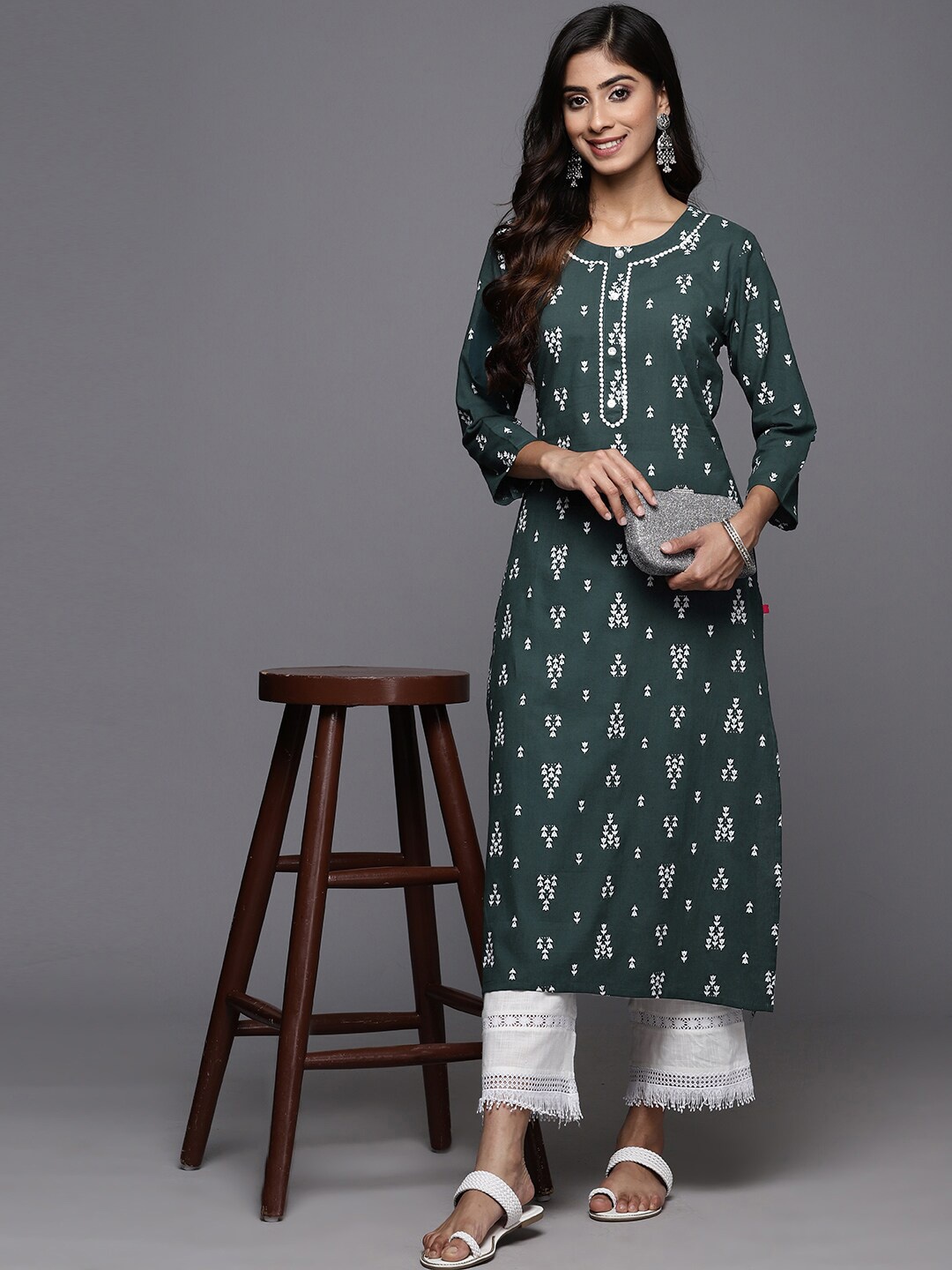 

KALINI Ethnic Motifs Printed Pure Cotton Kurta, Teal