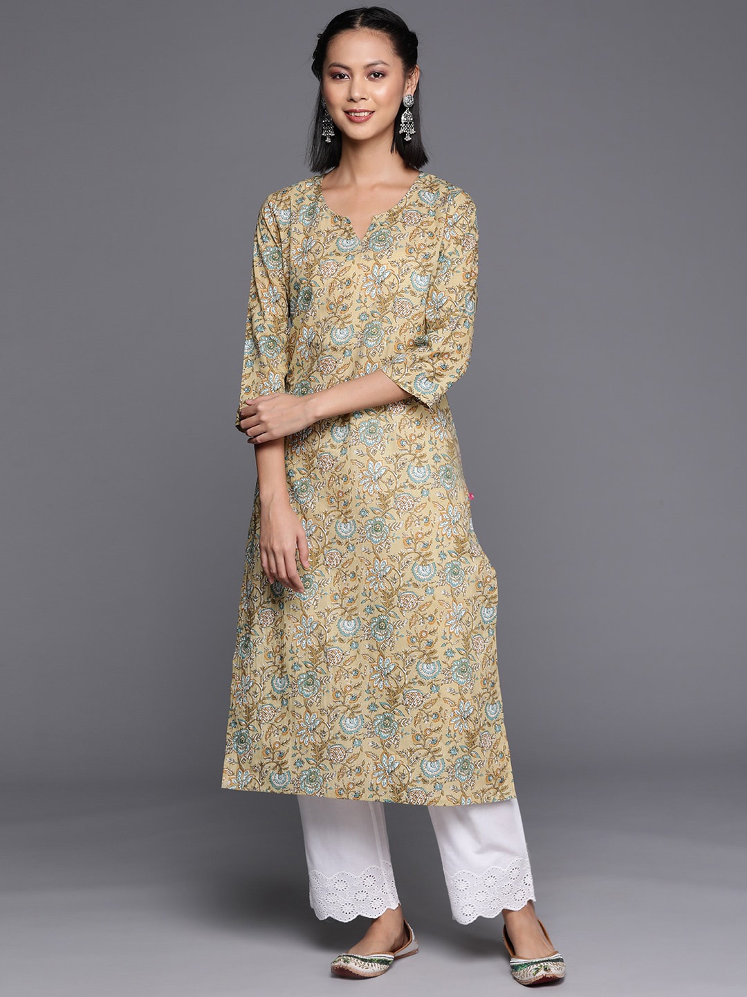 

KALINI Ethnic Motifs Printed Kalamkari Cotton Kurta, Yellow