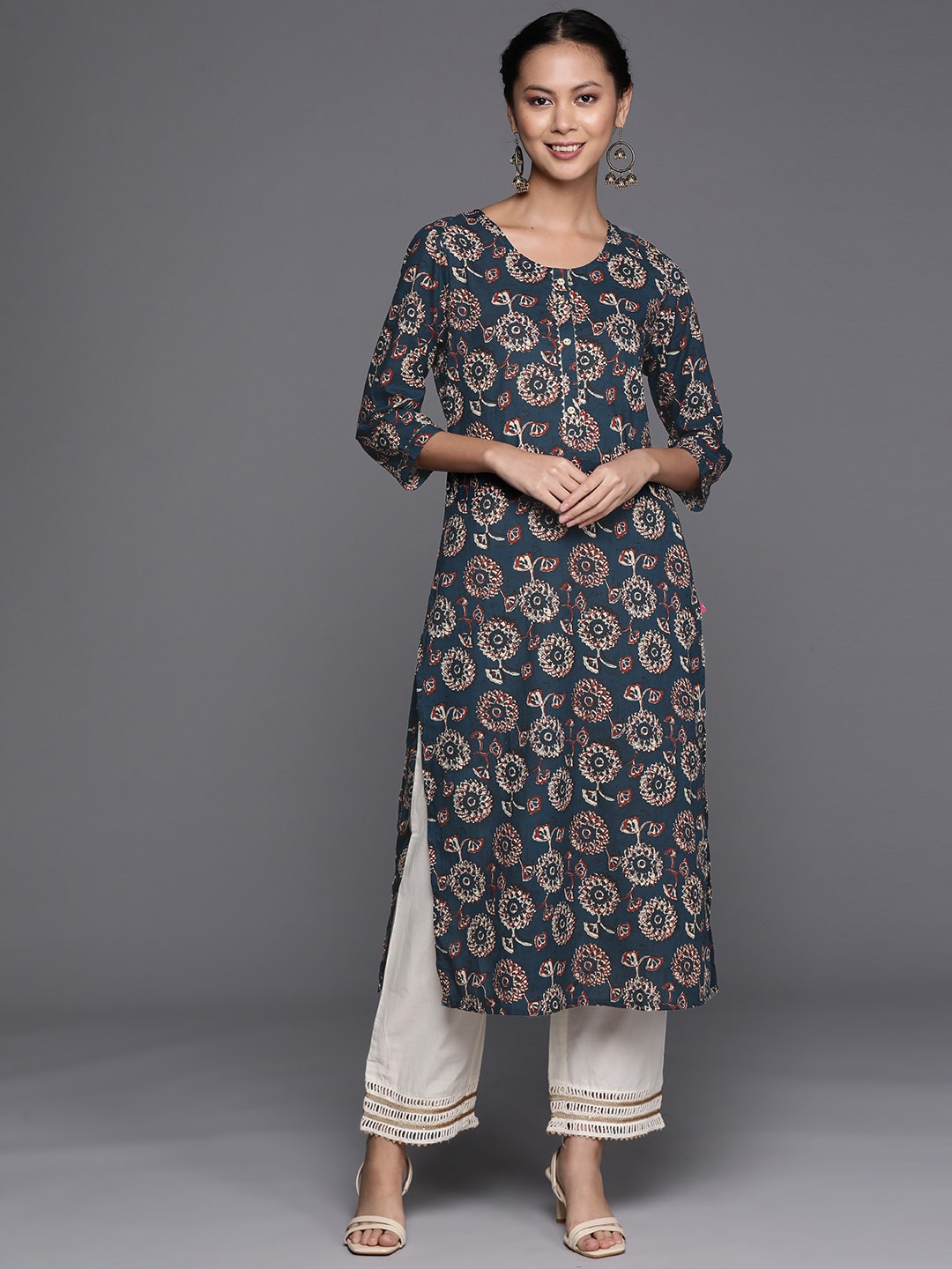 

KALINI Ethnic Motifs Printed Gotta Patti Pure Cotton Straight Kurta, Teal