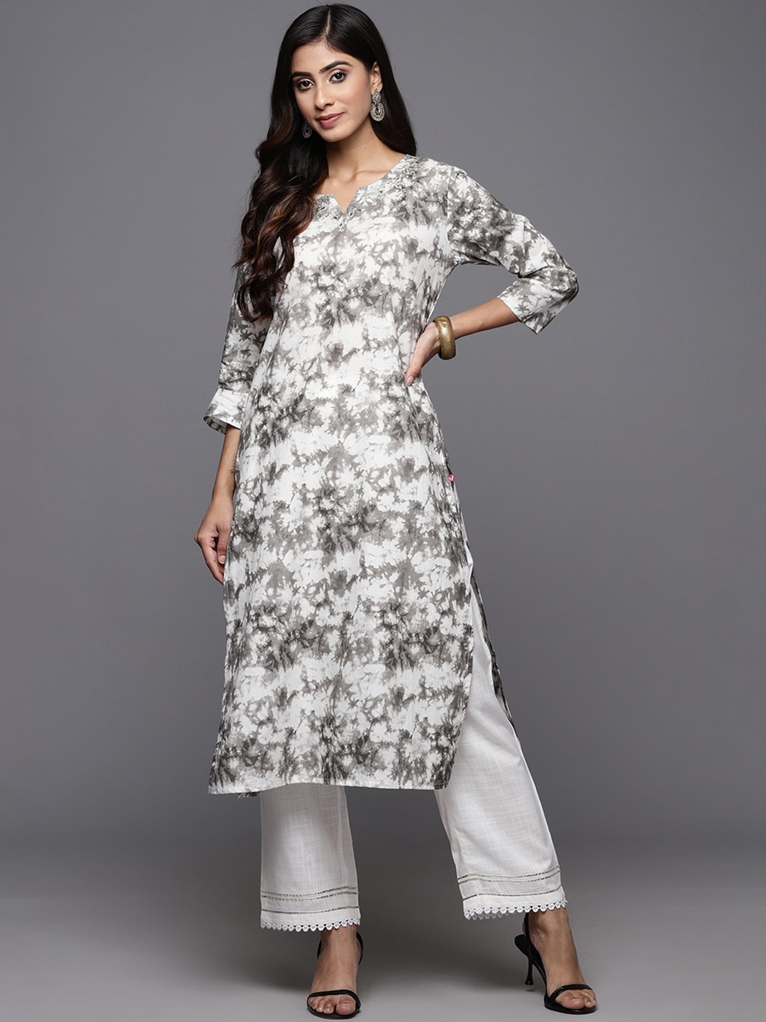 

KALINI Abstract Printed Notched Neck Cotton Kurta, Grey