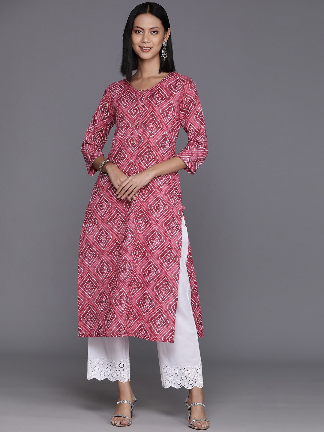 

KALINI Bandhani Printed Cotton Straight Kurta, Pink