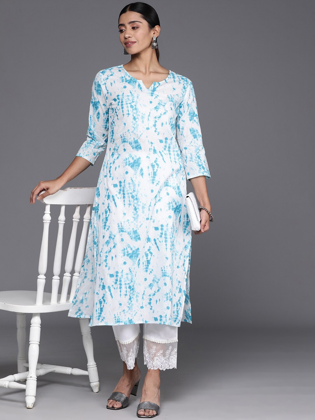 

KALINI Printed Notch Neck Cotton Kurta, White