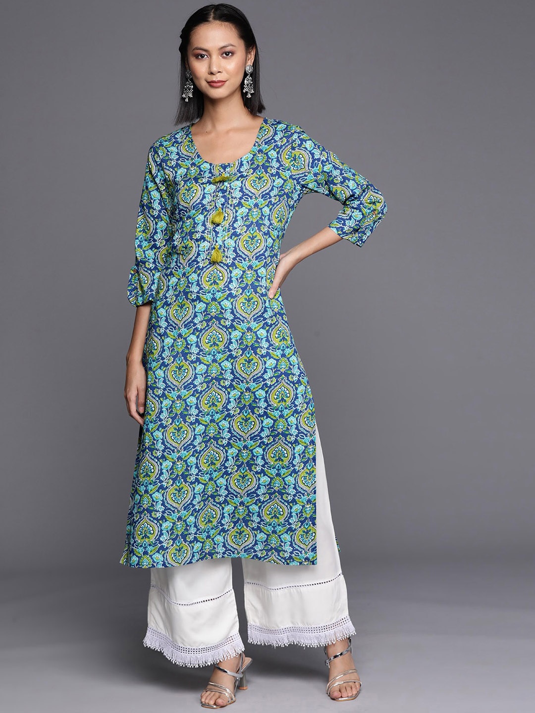 KALINI Ethnic Motifs Printed Pure Cotton Kurta, Blue