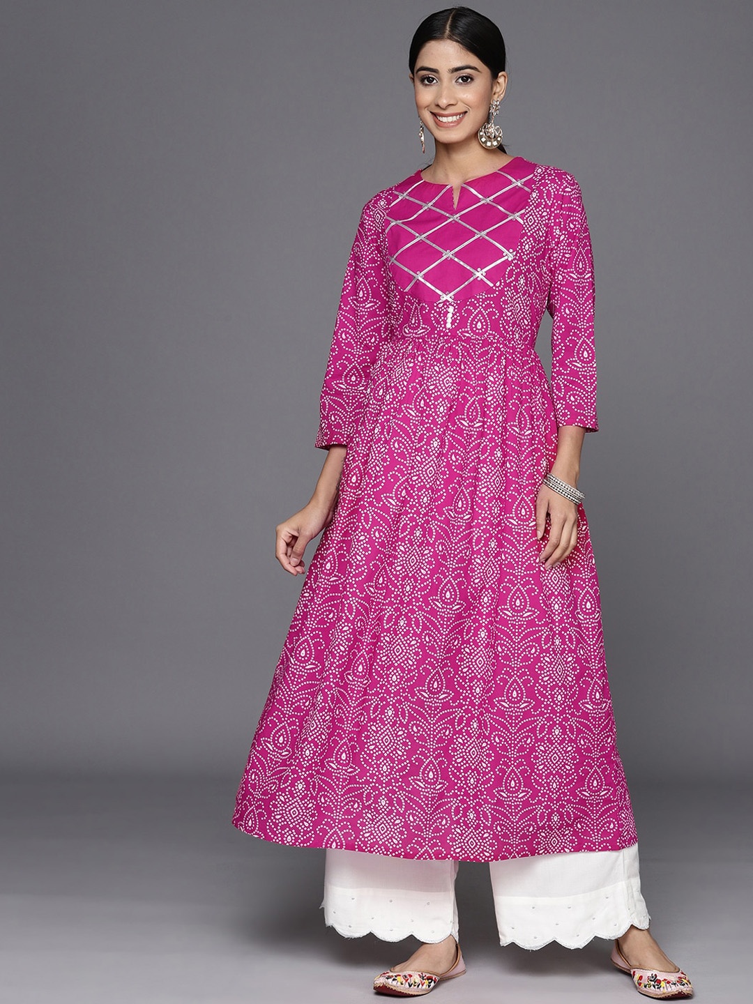 

KALINI Bandhani Printed Gotta Patti Anarkali Cotton Kurta, Fuchsia