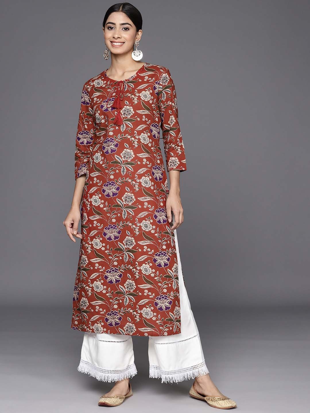 

KALINI Ethnic Motifs Printed Cotton Straight Kurta, Maroon