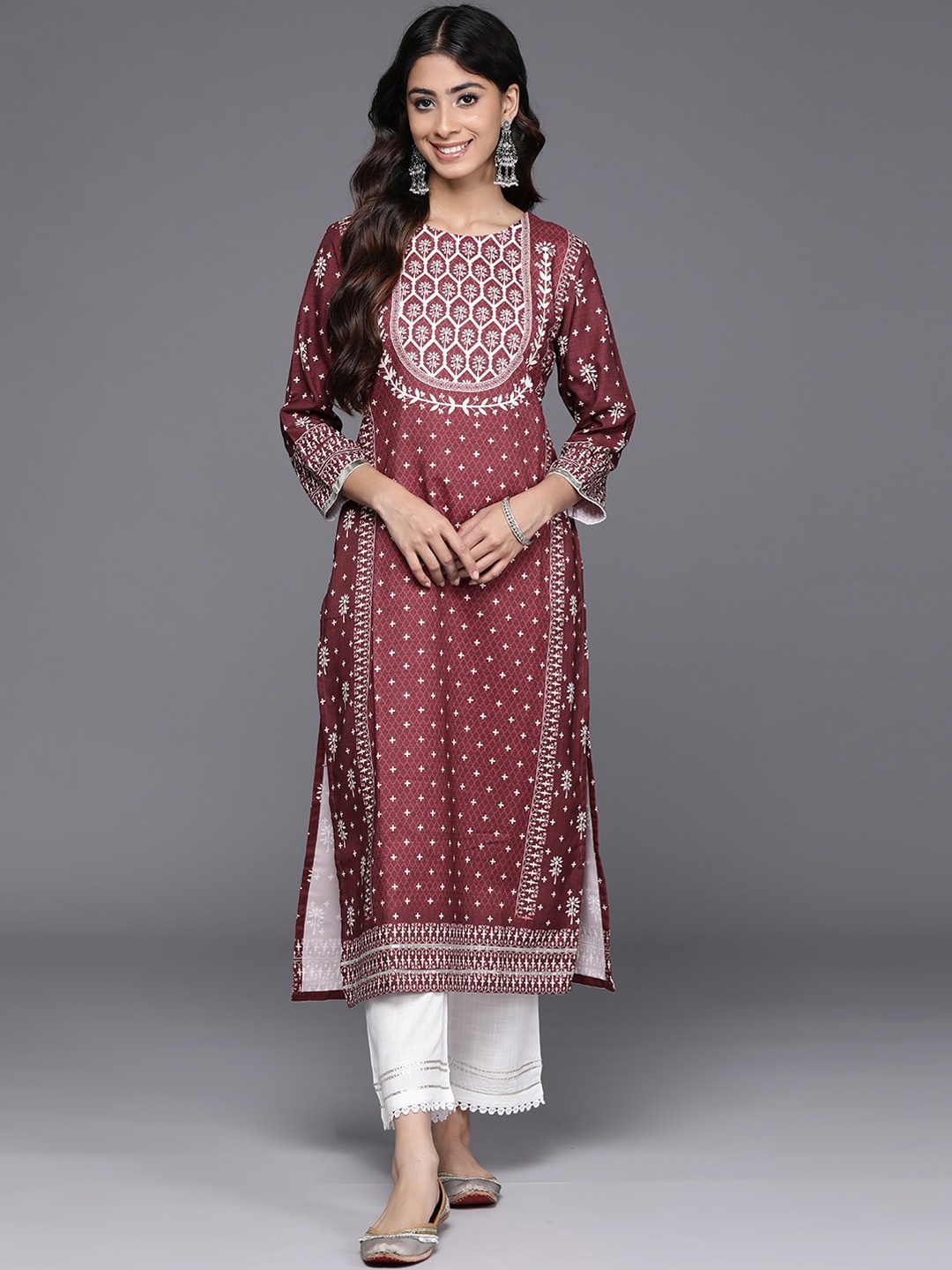 

KALINI Ethnic Motifs Printed Thread Work Kurta, Maroon