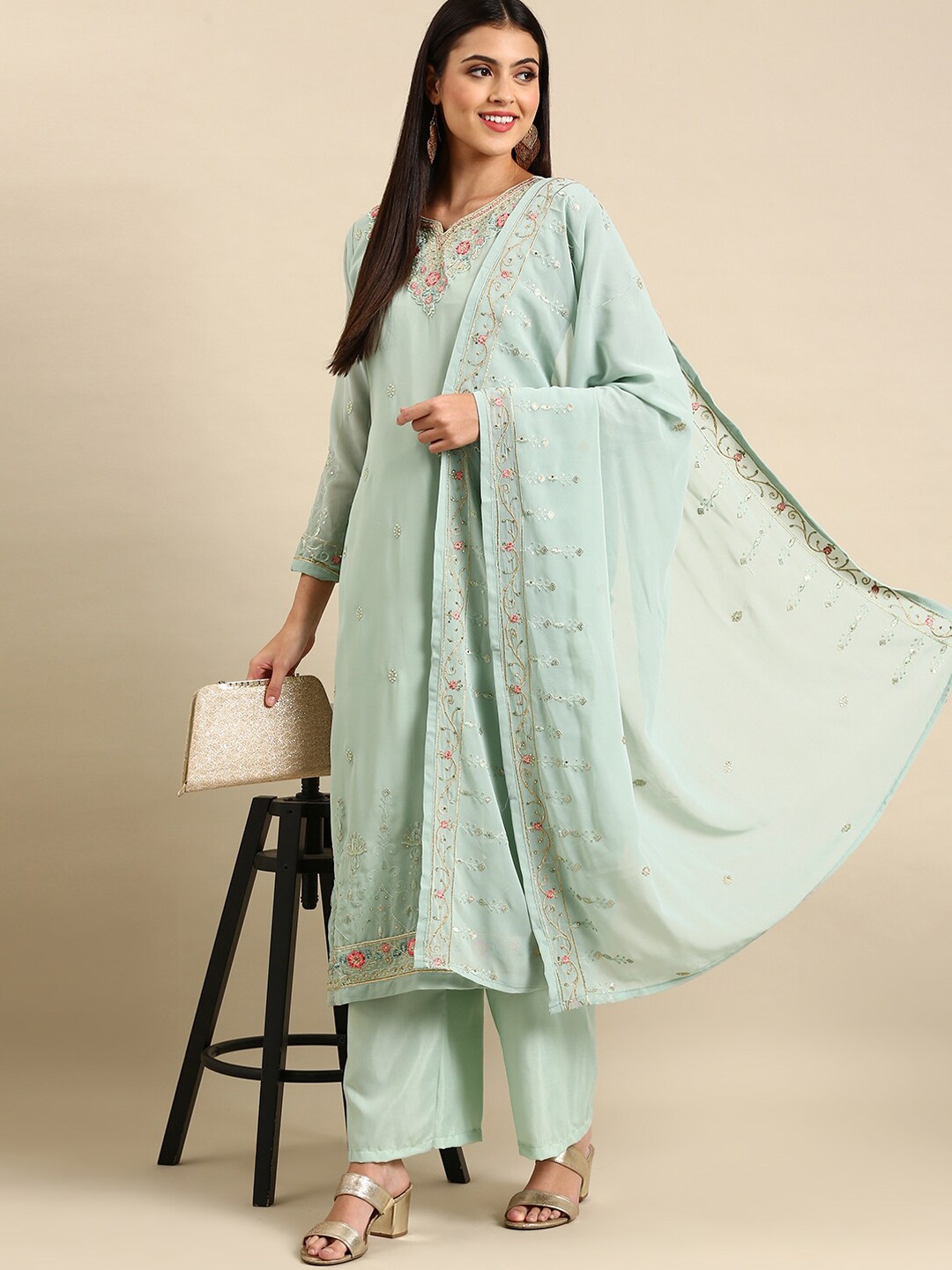 

Shaily Ethnic Motifs Embroidered Silk Georgette Kurta With Trousers & Dupatta, Green