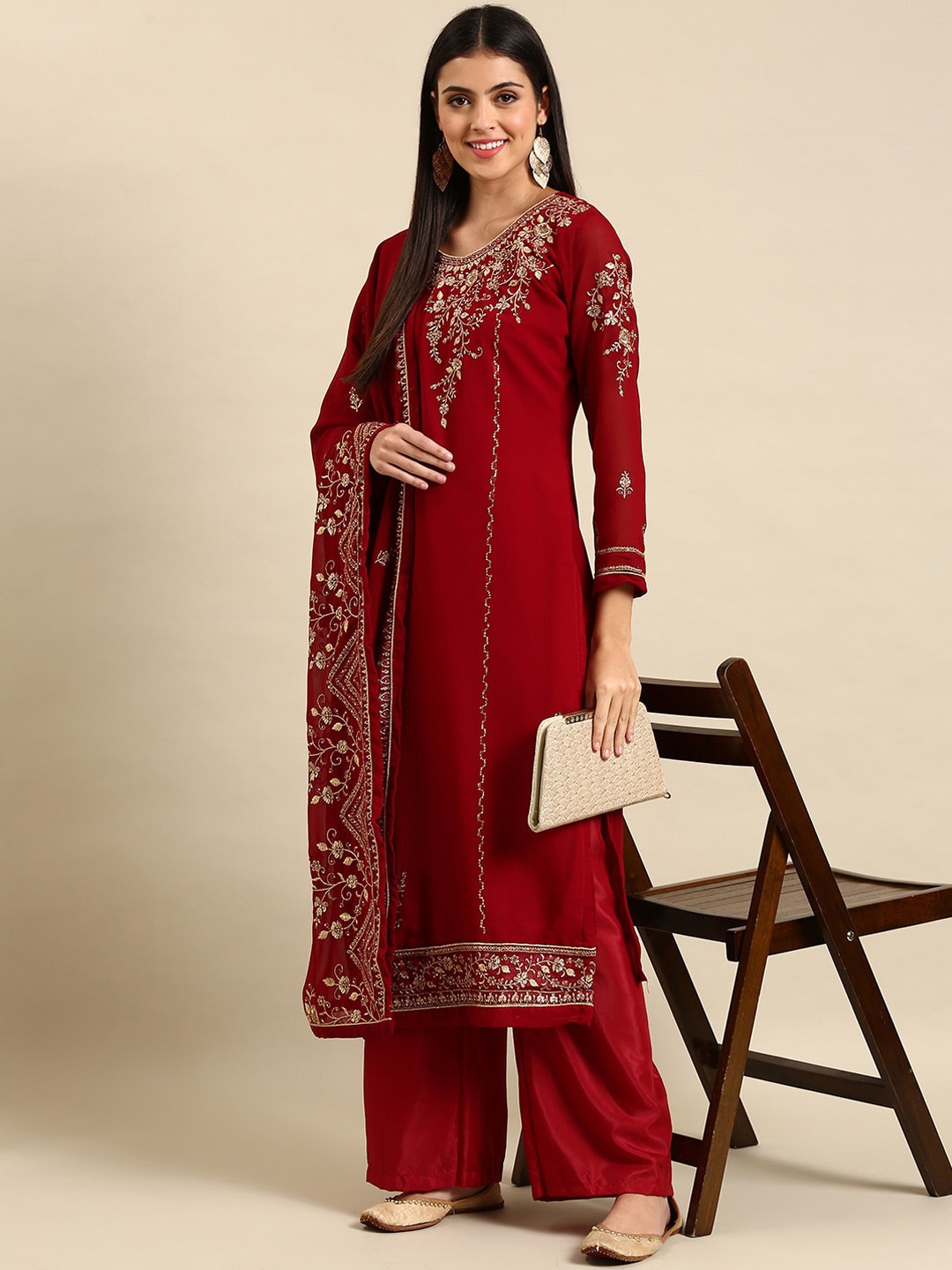 

Shaily Ethnic Motifs Embroidered Regular Silk Georgette Kurta With Palazzos & Dupatta, Maroon