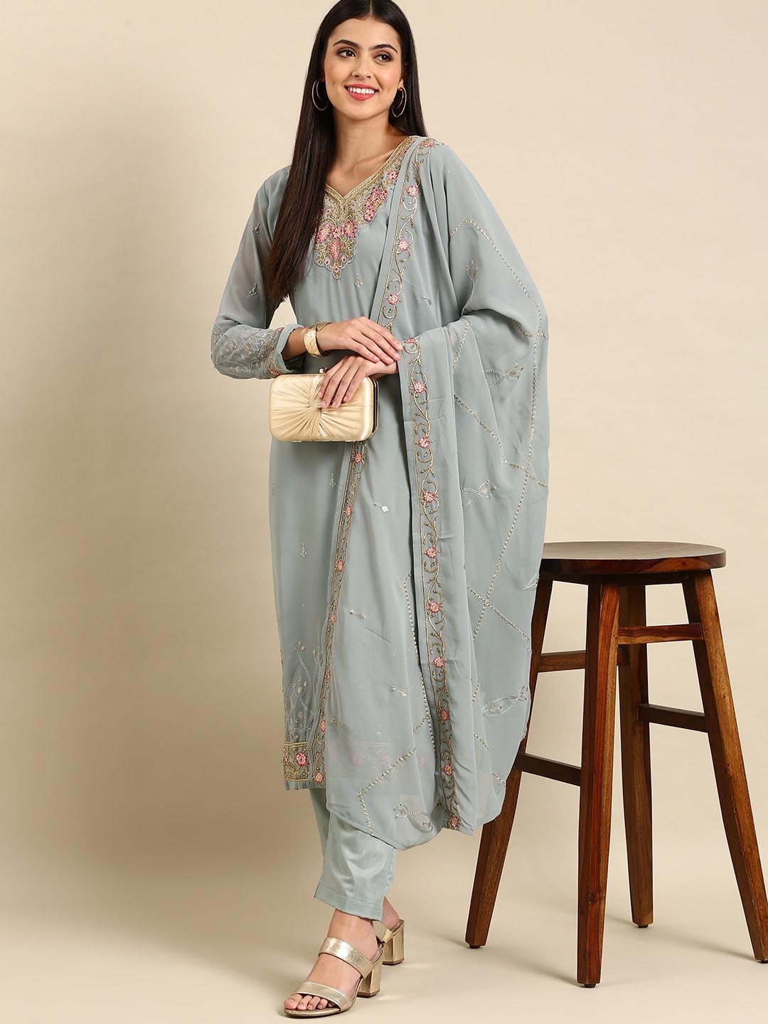 

Shaily Floral Embroidered Regular Silk Georgette Kurta With Trousers & Dupatta, Grey