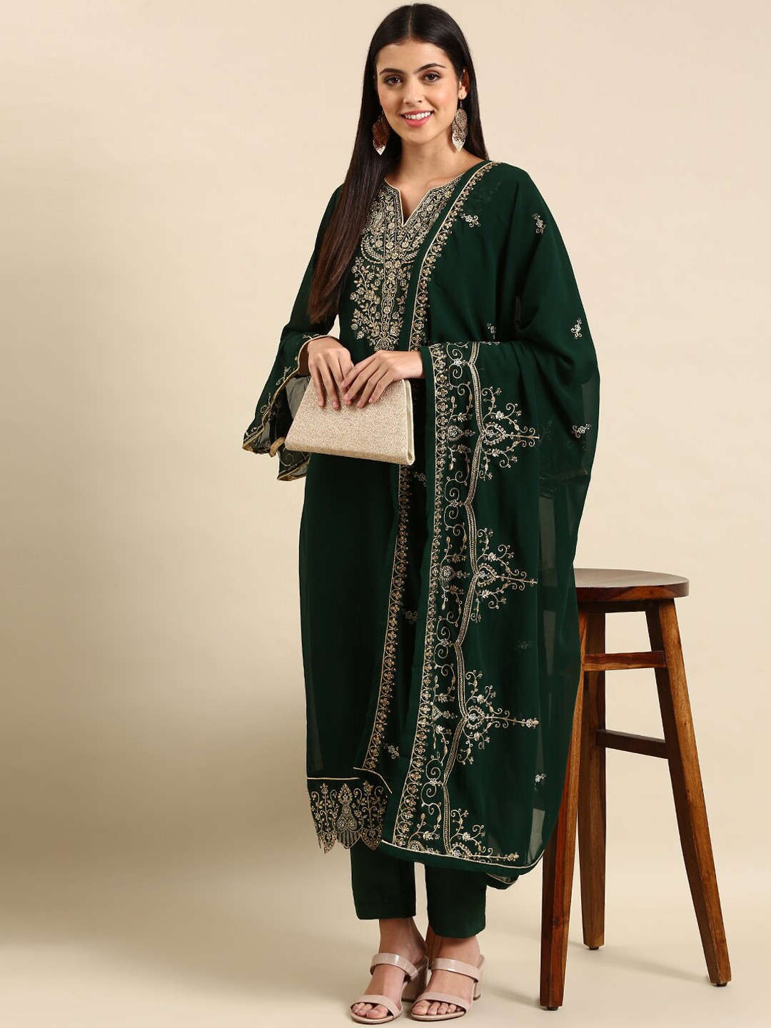 

Shaily Ethnic Motifs Embroidered Regular Silk Georgette Kurta With Trousers & Dupatta, Green