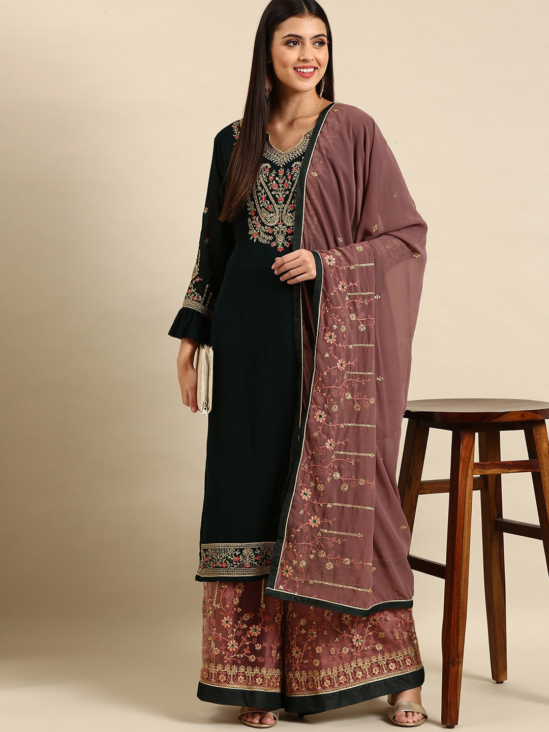 

Shaily Women Ethnic Motifs Embroidered Regular Silk Georgette Kurta with Palazzos & With Dupatta, Green