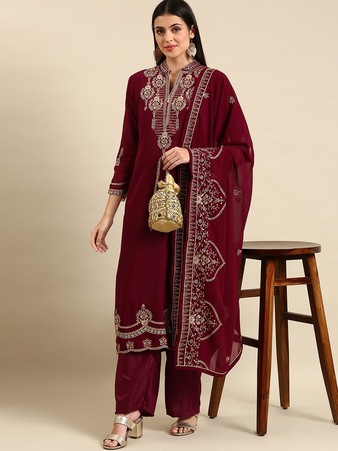 

Shaily Ethnic Motifs Embroidered Regular Silk Georgette Kurta With Trousers & Dupatta, Burgundy