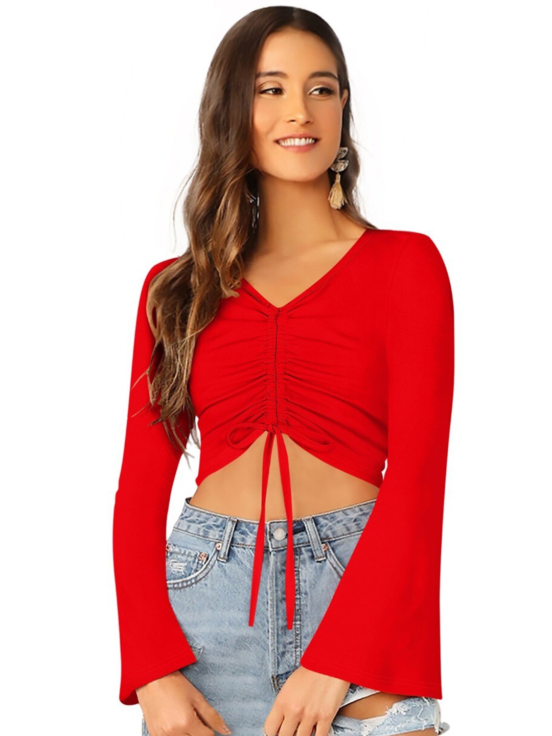 

SANJANA SILK V-Neck Bell Sleeve Ruched Crop Top, Red