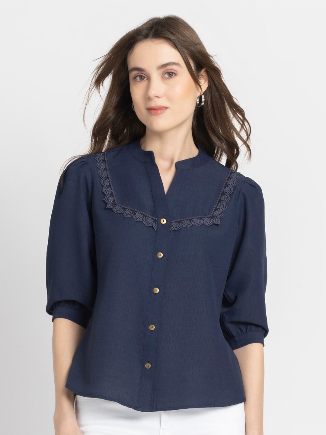 

SHAYE Mandarin Collar Cuffed Sleeves Lace Shirt Style Top, Navy blue