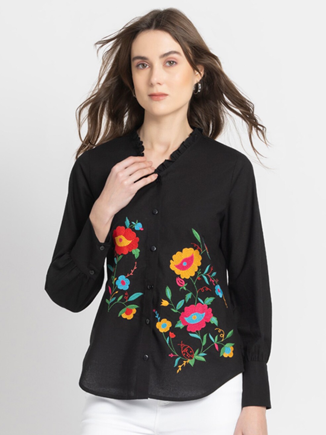 

SHAYE Floral Embroidered Cuffed Sleeves Cotton Shirt Style Top, Black