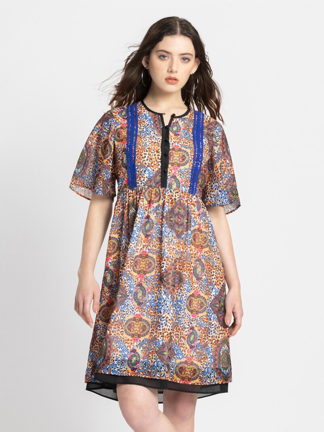 

SHAYE Ethnic Motifs Printed Georgette Fit & Flare Dress, Brown