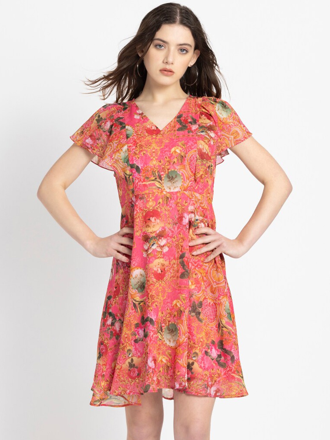 

SHAYE Floral Printed Batwing Sleeves Chiffon A-Line Dress, Pink