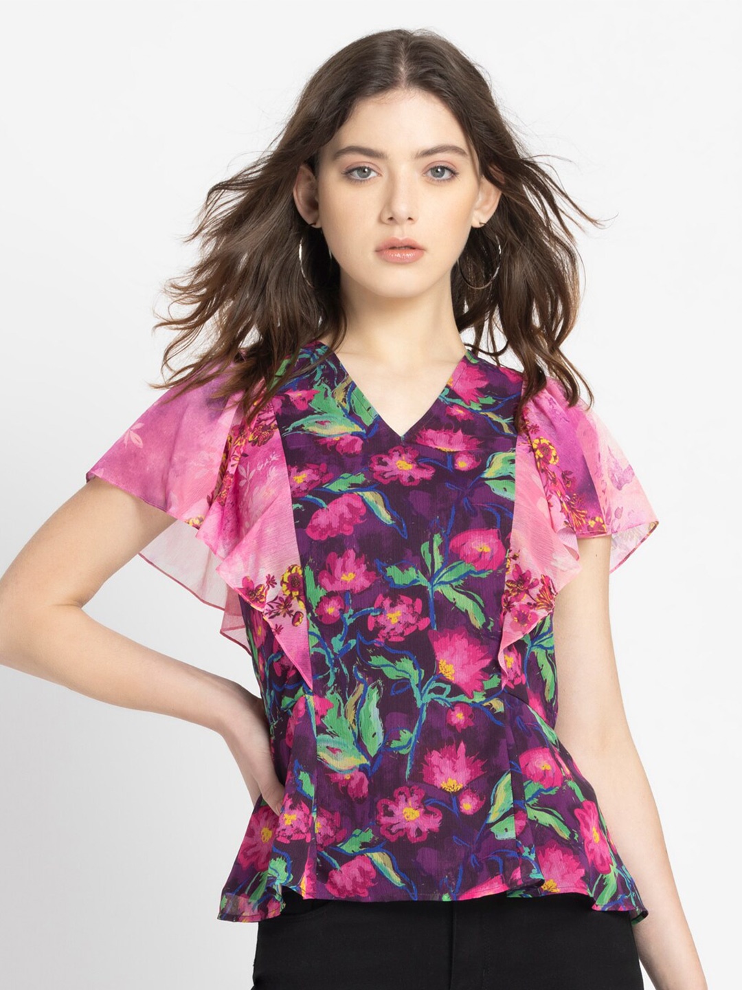 

SHAYE Floral Printed Flared Sleeves Chiffon Top, Purple