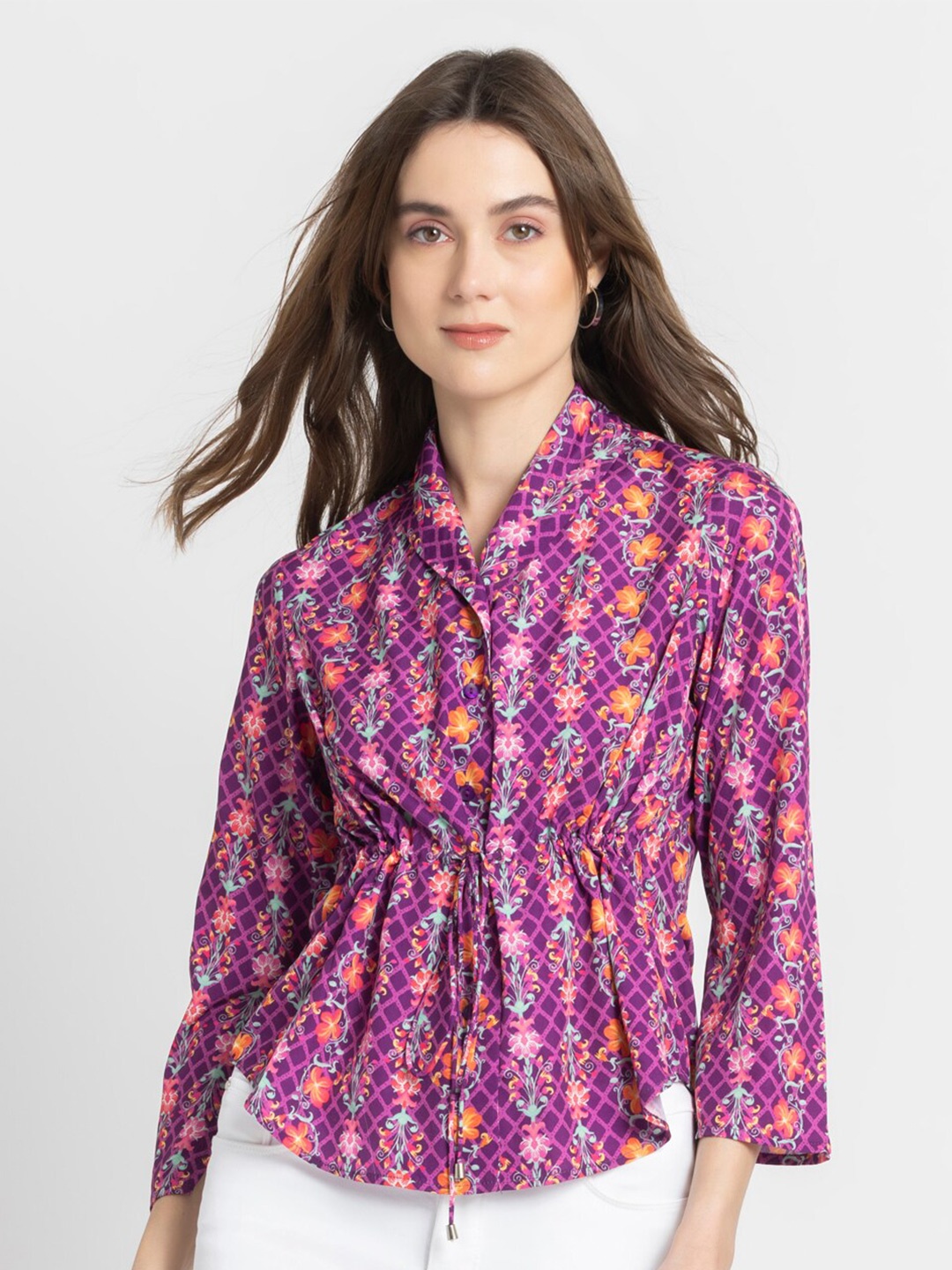 

SHAYE Floral Print Crepe Cinched Waist Top, Purple