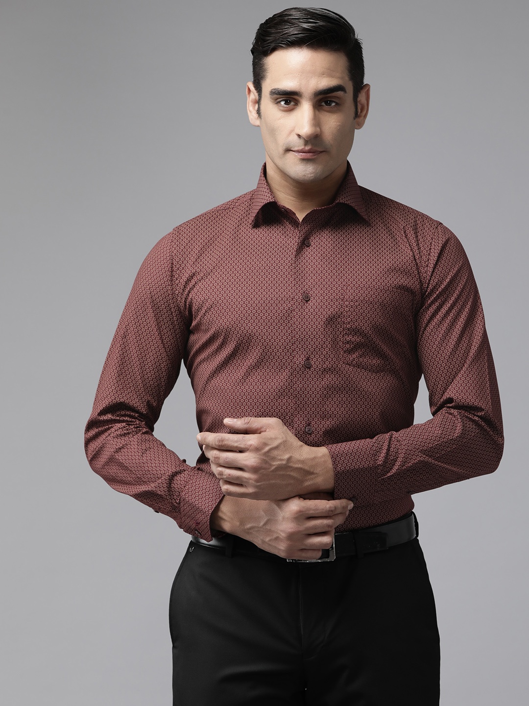 

Blackberrys Pure Cotton India Slim Fit Printed Formal Shirt, Maroon