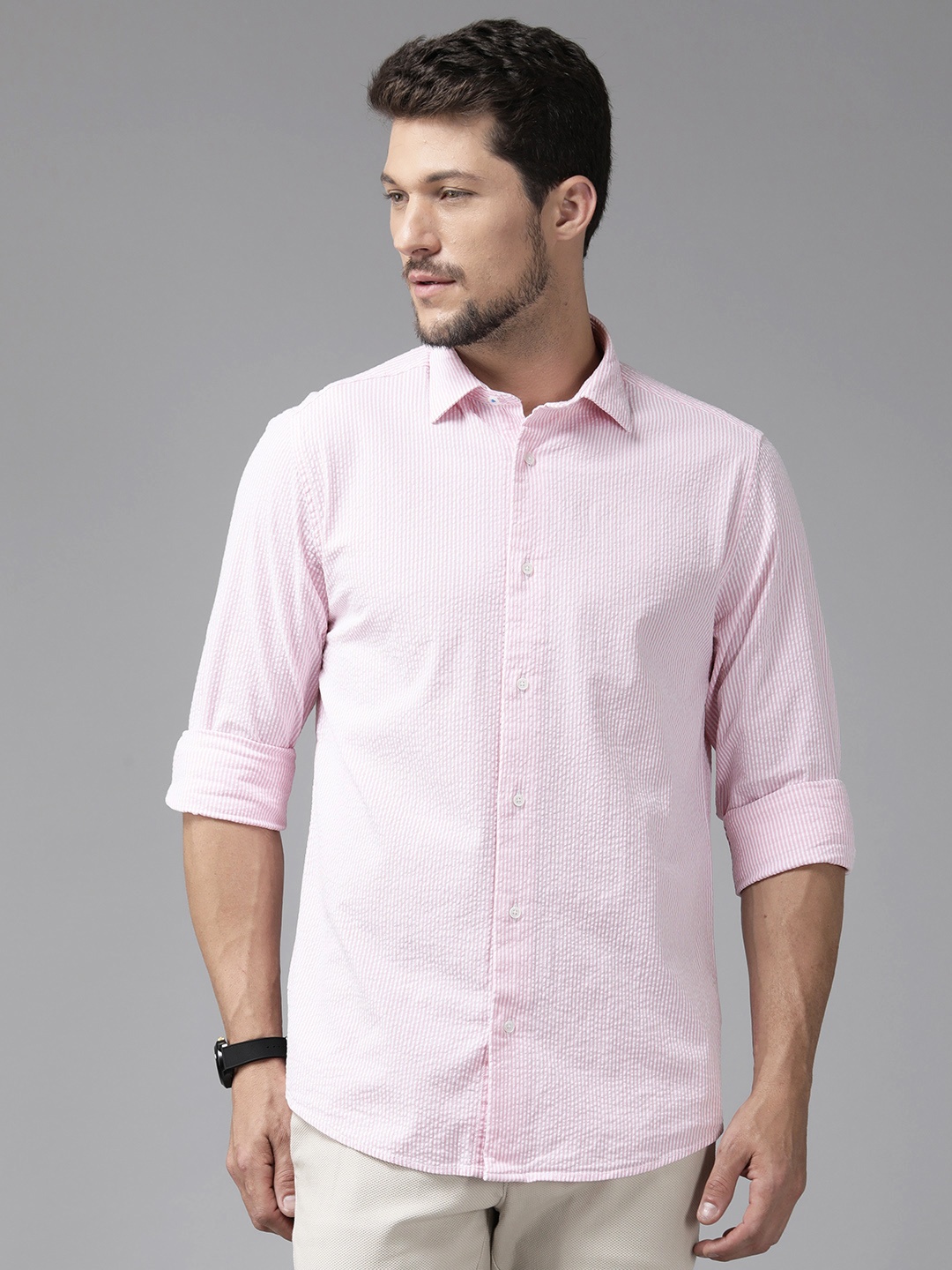 

Blackberrys Men Slim Fit Seersucker Pinstriped Shirt, Pink