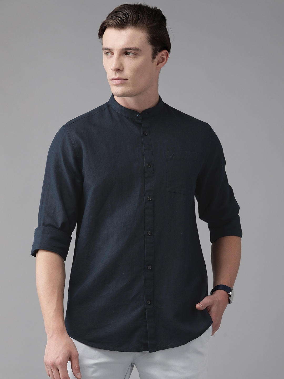 

Blackberrys Slim Fit Casual Shirt with Band Collar, Navy blue