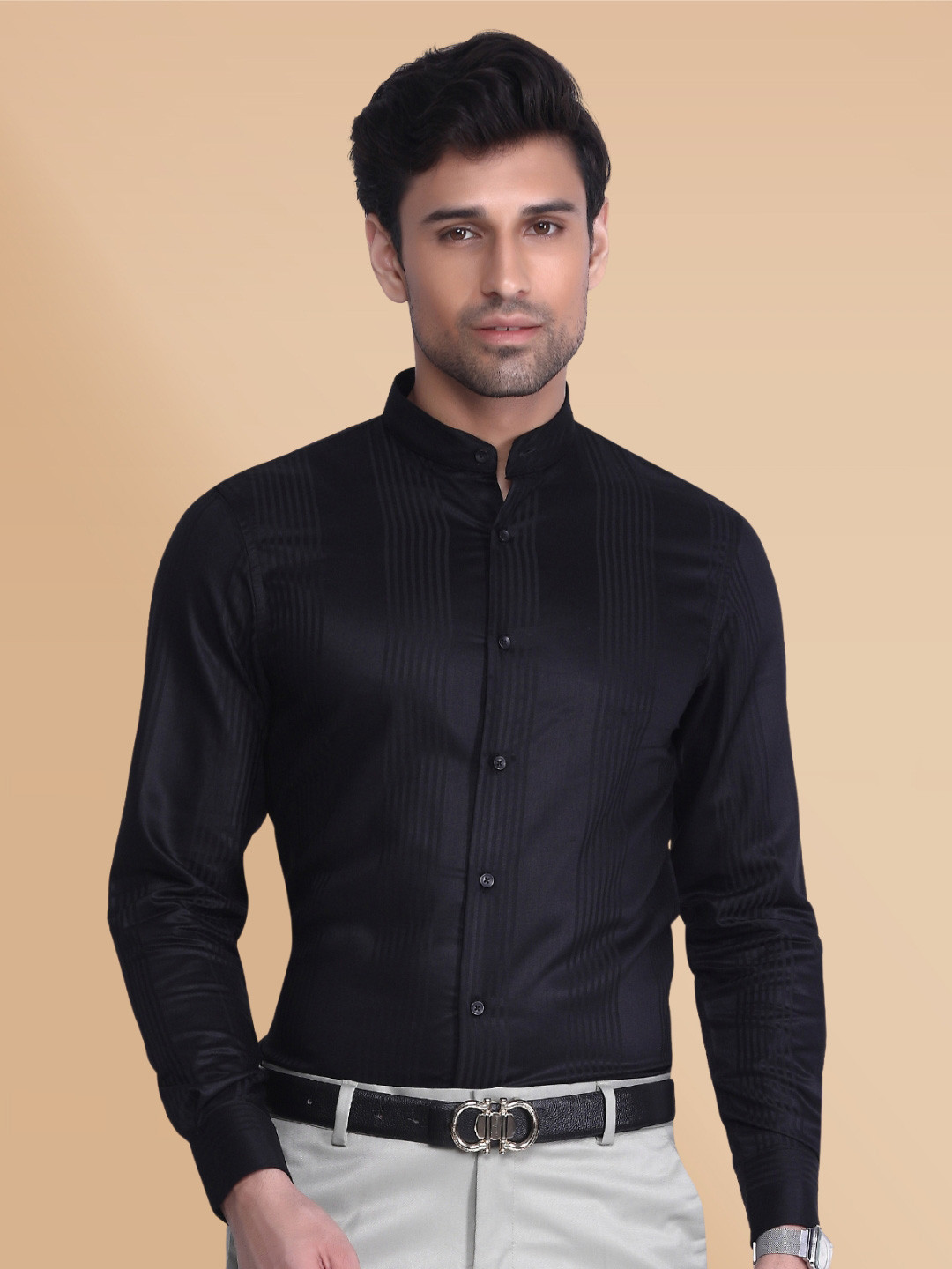 

Berkshire Smart Slim Fit Vertical Striped Band Collar Casual Shirt, Black