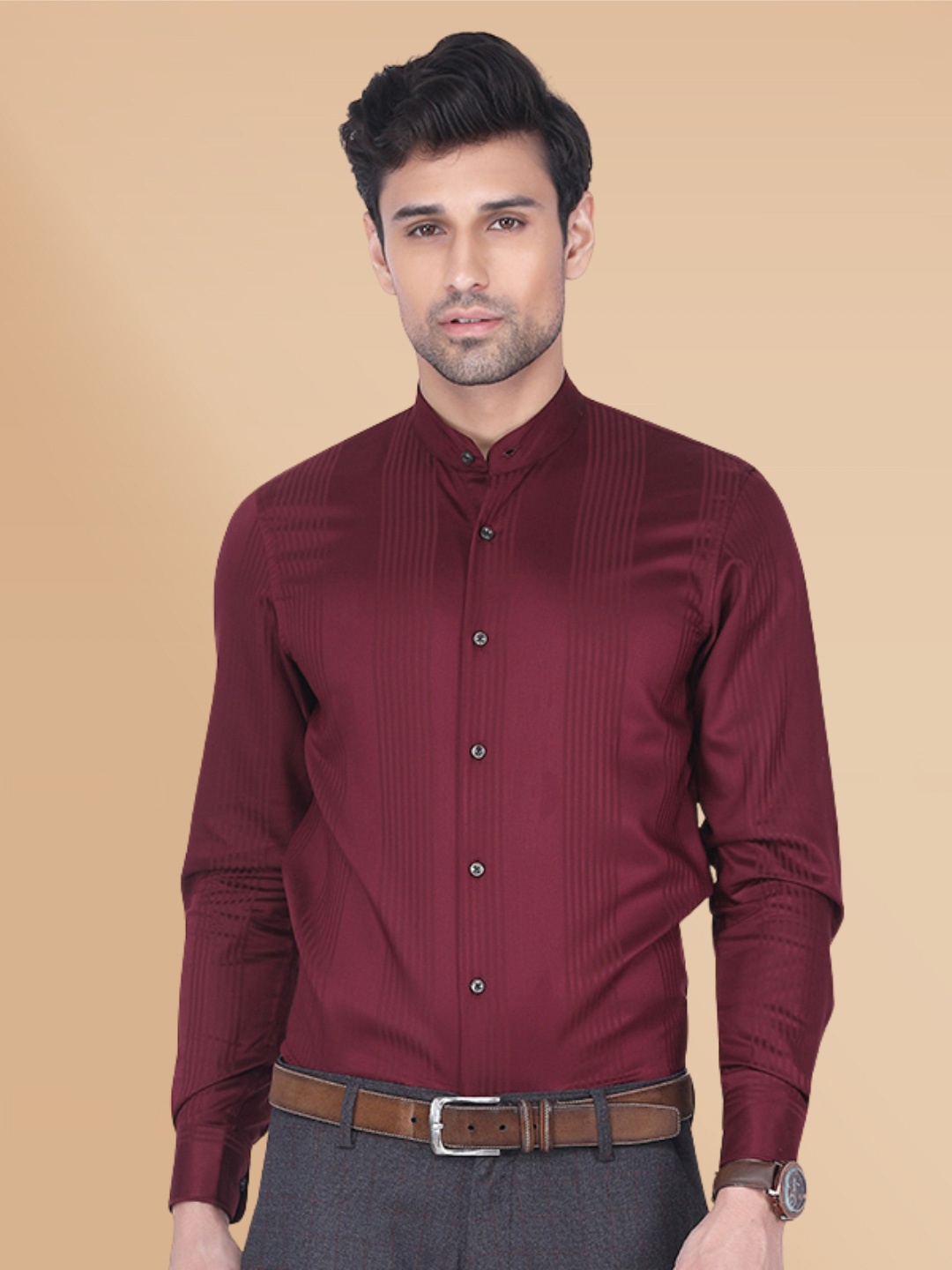 

Berkshire Smart Slim Fit Vertical Striped Band Collar Formal Shirt, Maroon