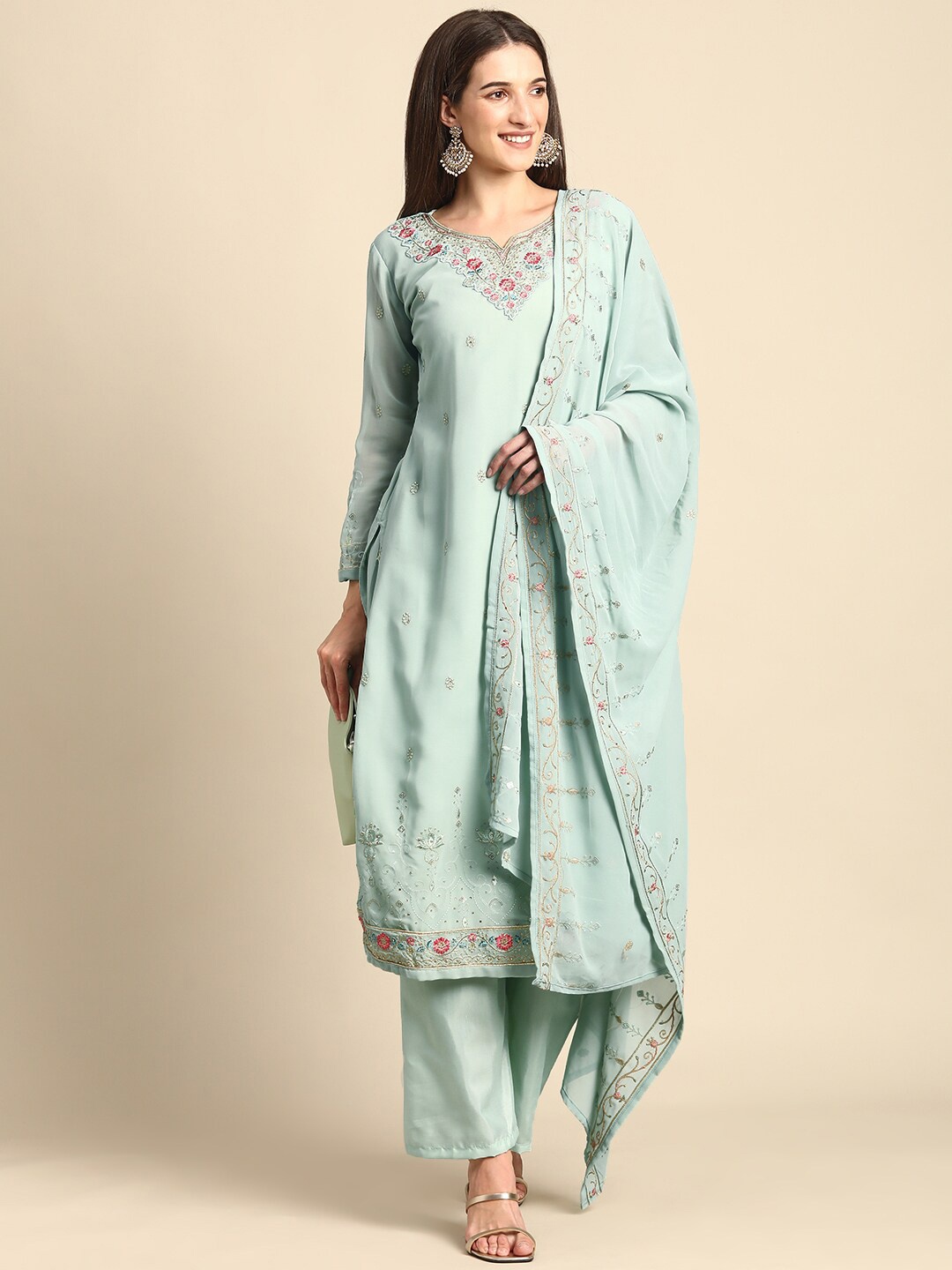 

KALINI Floral Embroidered Silk Georgette Kurta with Trousers & Dupatta, Green