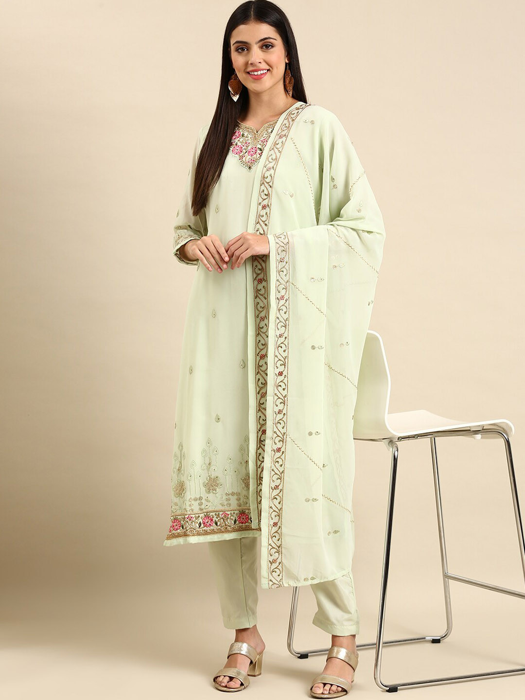 

KALINI Floral Embroidered Regular Silk Georgette Kurta With Trousers & Dupatta, Green