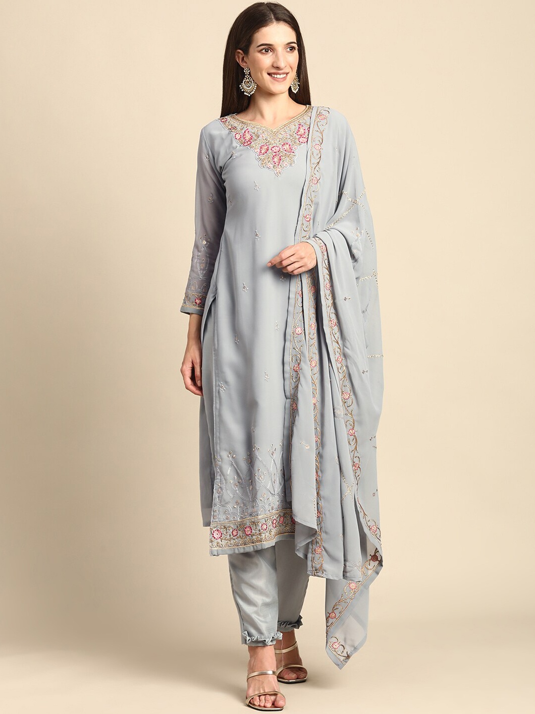 

KALINI Floral Embroidered Regular Silk Georgette Kurta with Trousers & Dupatta, Grey