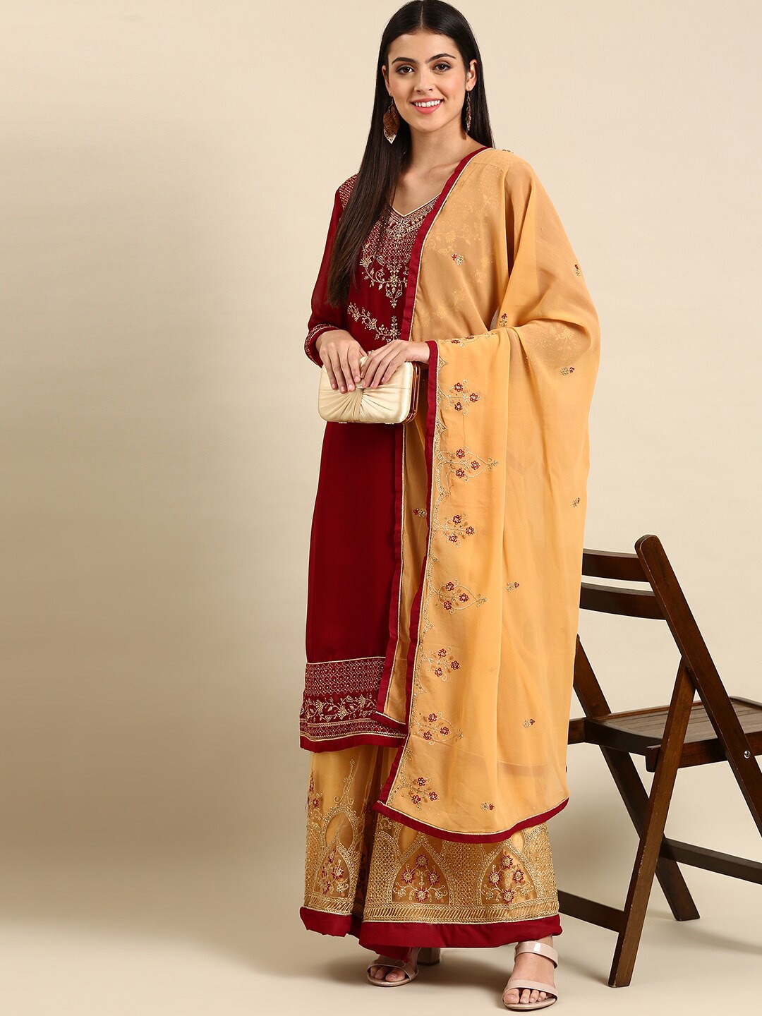 

KALINI Ethnic Motifs Embroidered Sequinned Silk Georgette Kurta With Palazzos & Dupatta, Maroon