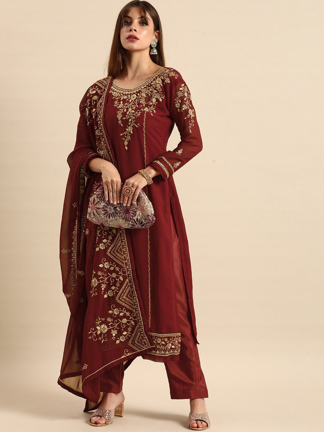 

KALINI Ethnic Motifs Embroidered Silk Georgette Kurta With Trousers & Dupatta, Maroon