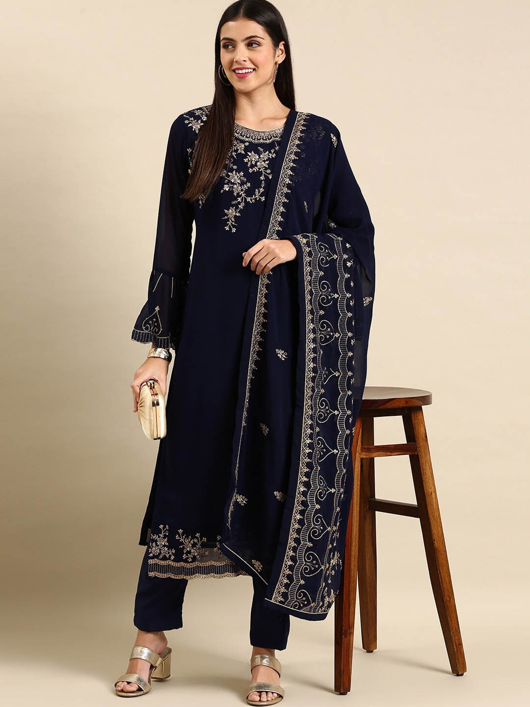 

KALINI Floral Embroidered Silk Georgette Kurta with Trousers & Dupatta, Navy blue
