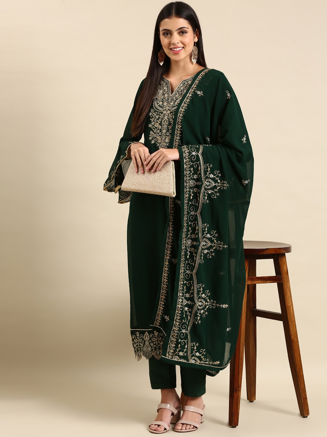 

KALINI Ethnic Motifs Embroidered Kurta & Trouser With Dupatta, Green