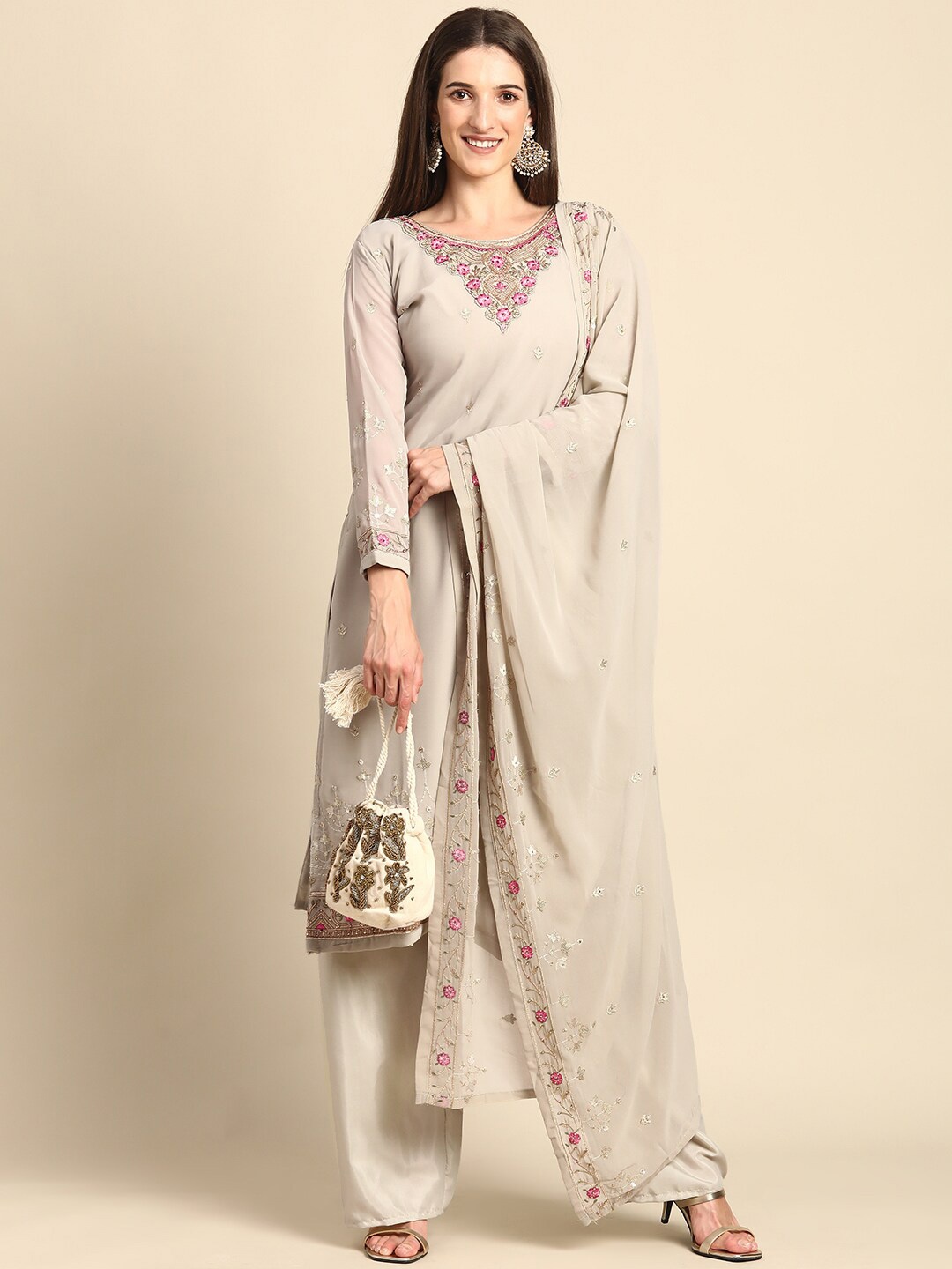 

KALINI Floral Embroidered Thread Work Kurta & Trousers With Dupatta, Grey