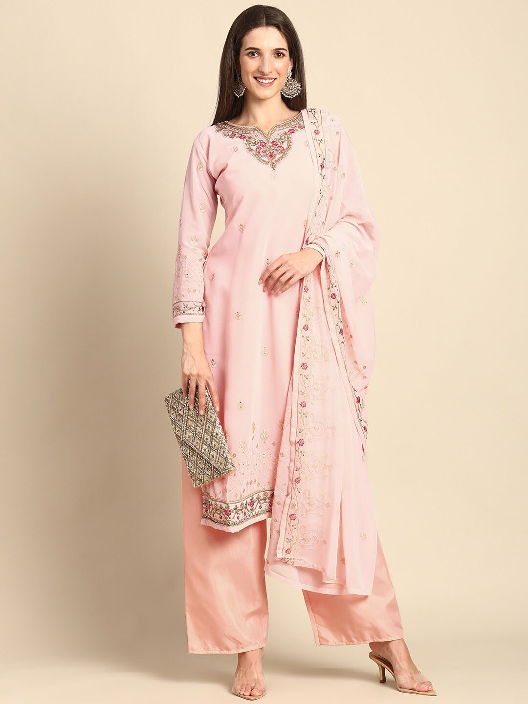 

KALINI Floral Embroidered Silk Georgette Kurta with Trousers & Dupatta, Pink