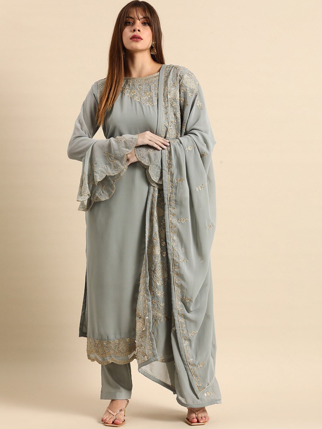 

KALINI Ethnic Motifs Embroidered Regular Silk Georgette Kurta with Sharara & Dupatta, Grey
