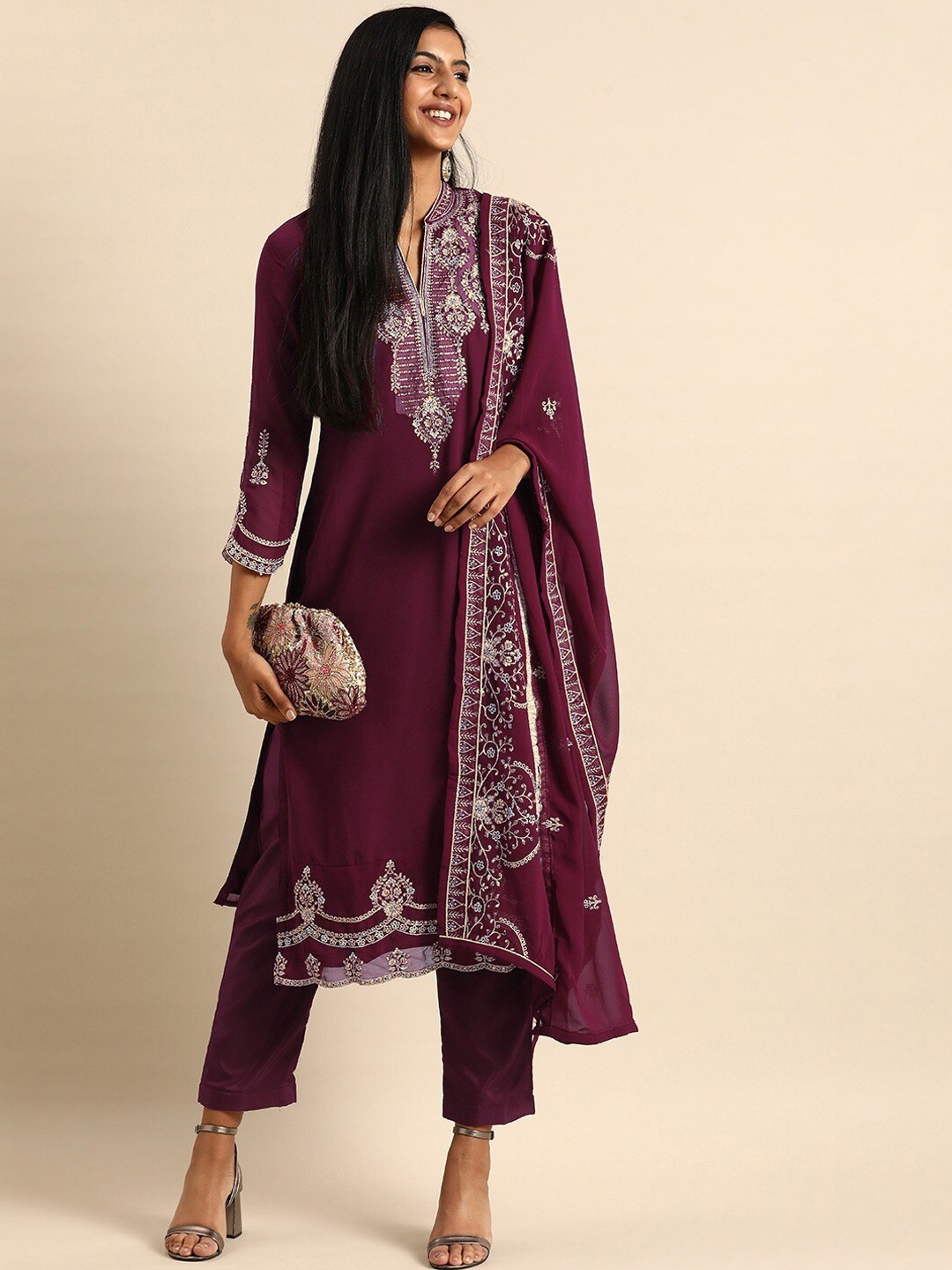 

KALINI Ethnic Motifs Embroidered Thread Work Silk Georgette Kurta with Trousers & Dupatta, Burgundy
