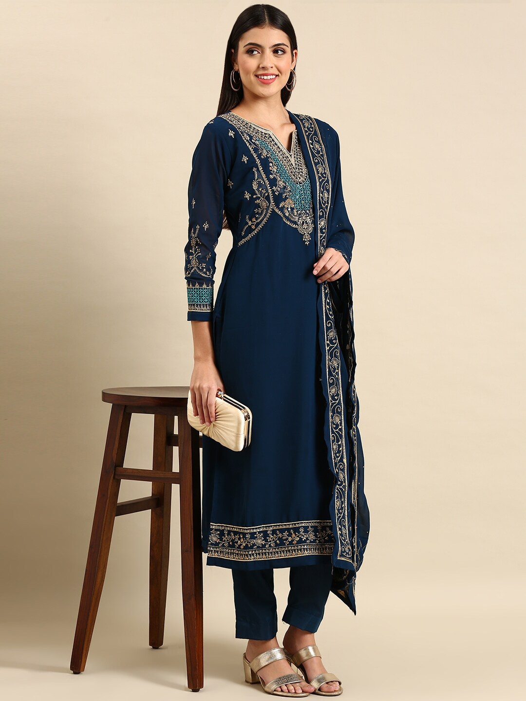 

KALINI Ethnic Motifs Embroidered Zari Kurta & Trousers With Dupatta, Navy blue