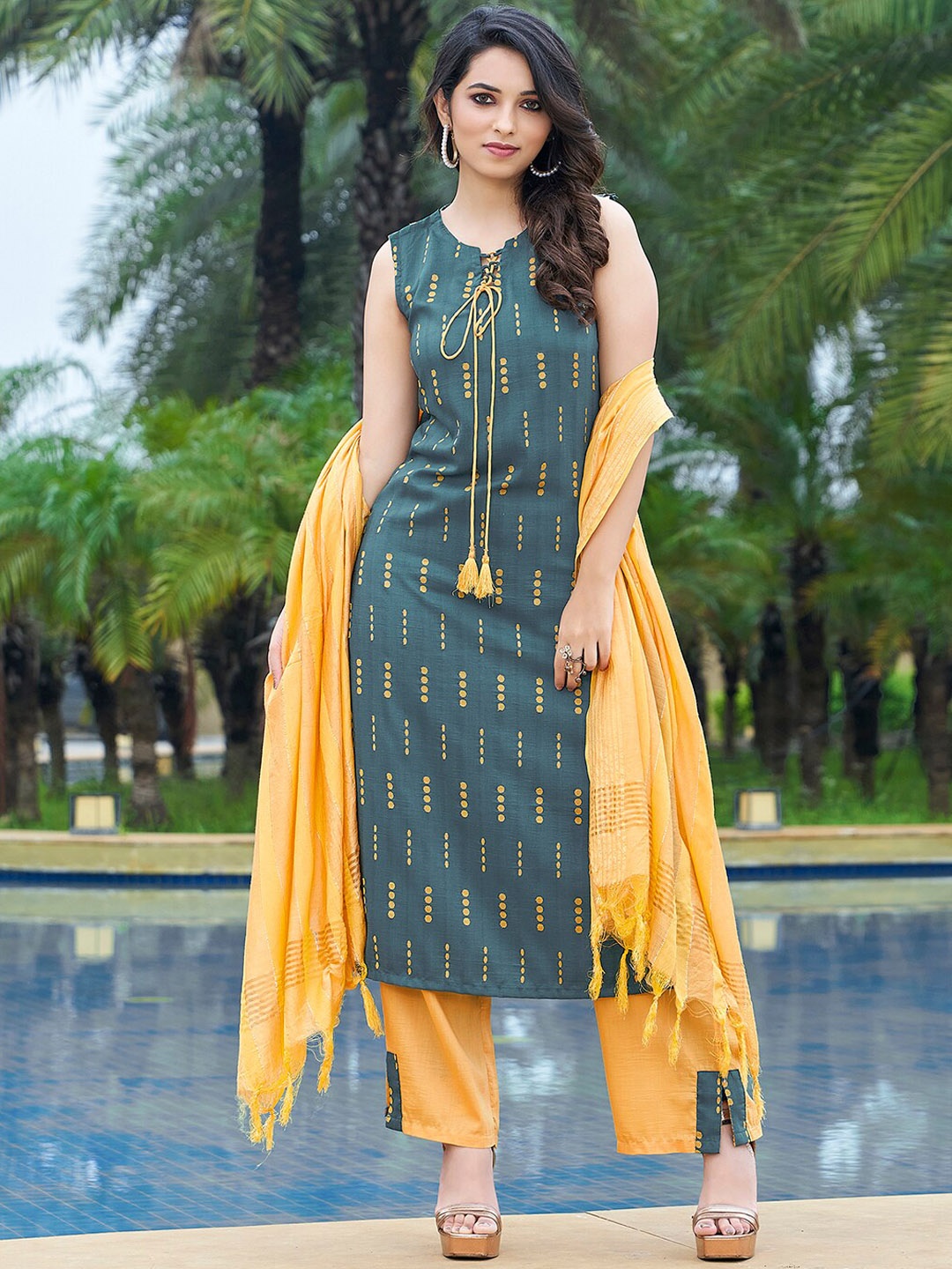 

KALINI Ethnic Motifs Woven Design Kurta With Trousers & Dupatta, Teal