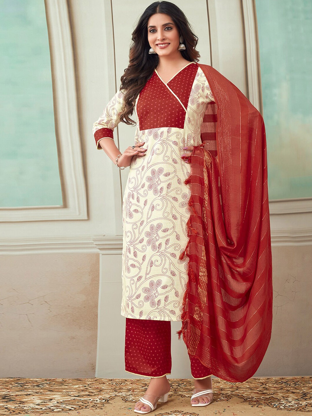 

KALINI Floral Printed Kurta & Palazzos With Dupatta, Cream